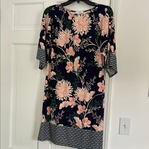 London Times Petite Floral Print Dress with Pink and Green Accents